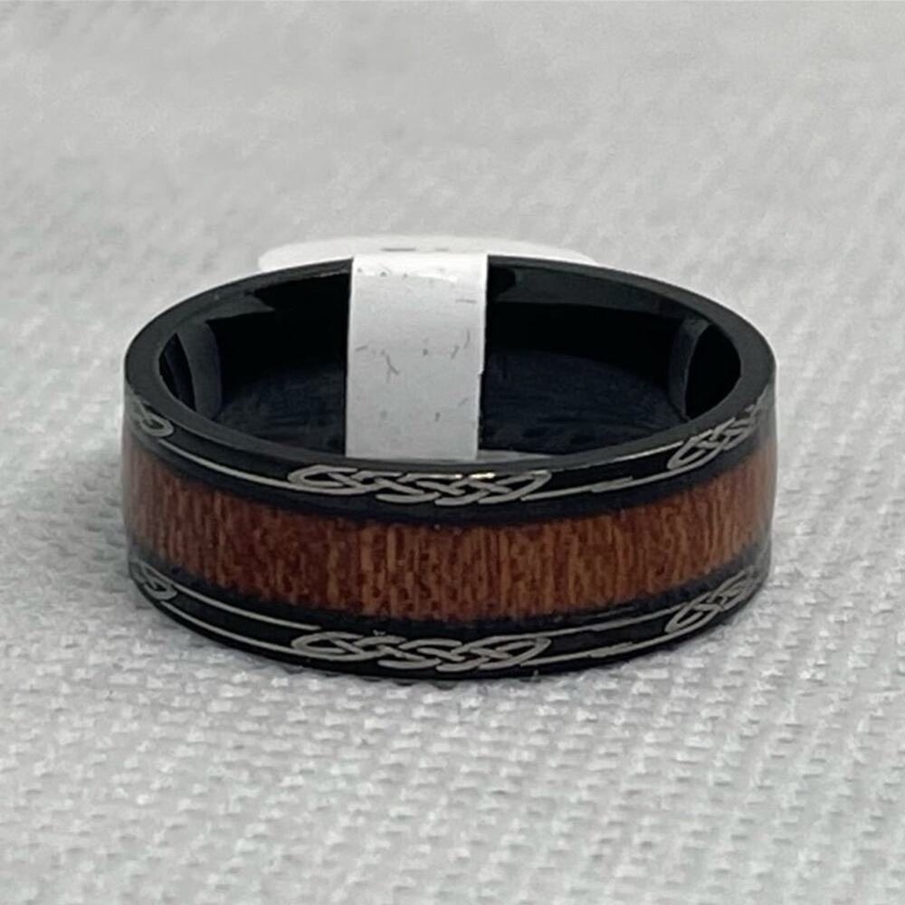 8mm Tungsten Carbide Koa Inlay & Laser Etched Scroll Pattern Band Ring Size 10